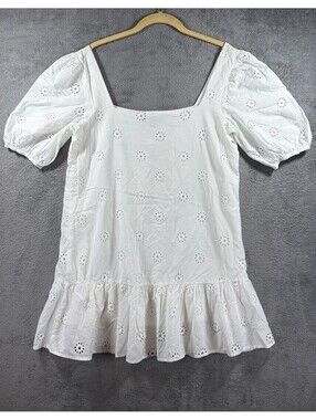 Lulus White Eyelet Peplum Top Puff Sleeve Square Neck Boho Blouse